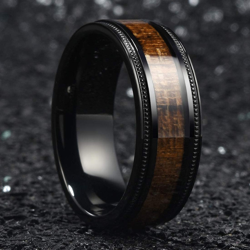 Wholesale High Quality 8mm Black Tungsten Rings Fashion Wood Grain Stainless Steel Ring For Men Women Engagement Wedding Ring