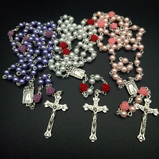 Virgin Mary Rosary Cross Religious Christian Jewelry 6mm Rose Pearl Beads Catholic Necklace