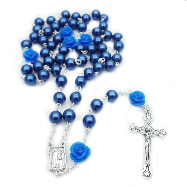 Virgin Mary Rosary Cross Religious Christian Jewelry 6mm Rose Pearl Beads Catholic Necklace