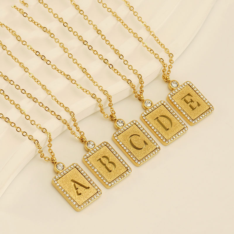 Inital A-Z 26 Alphabet Letters Necklace 18K Gold Stainless Steel Zircon Square Pendant Letter Necklace For Men