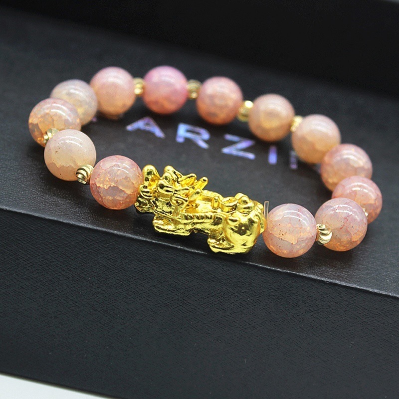 Natural Stone Agate Cyan Jade Women Men Real Gold Plated Black Buddha Bead Bracelet Pixiu Wealth Bracelet