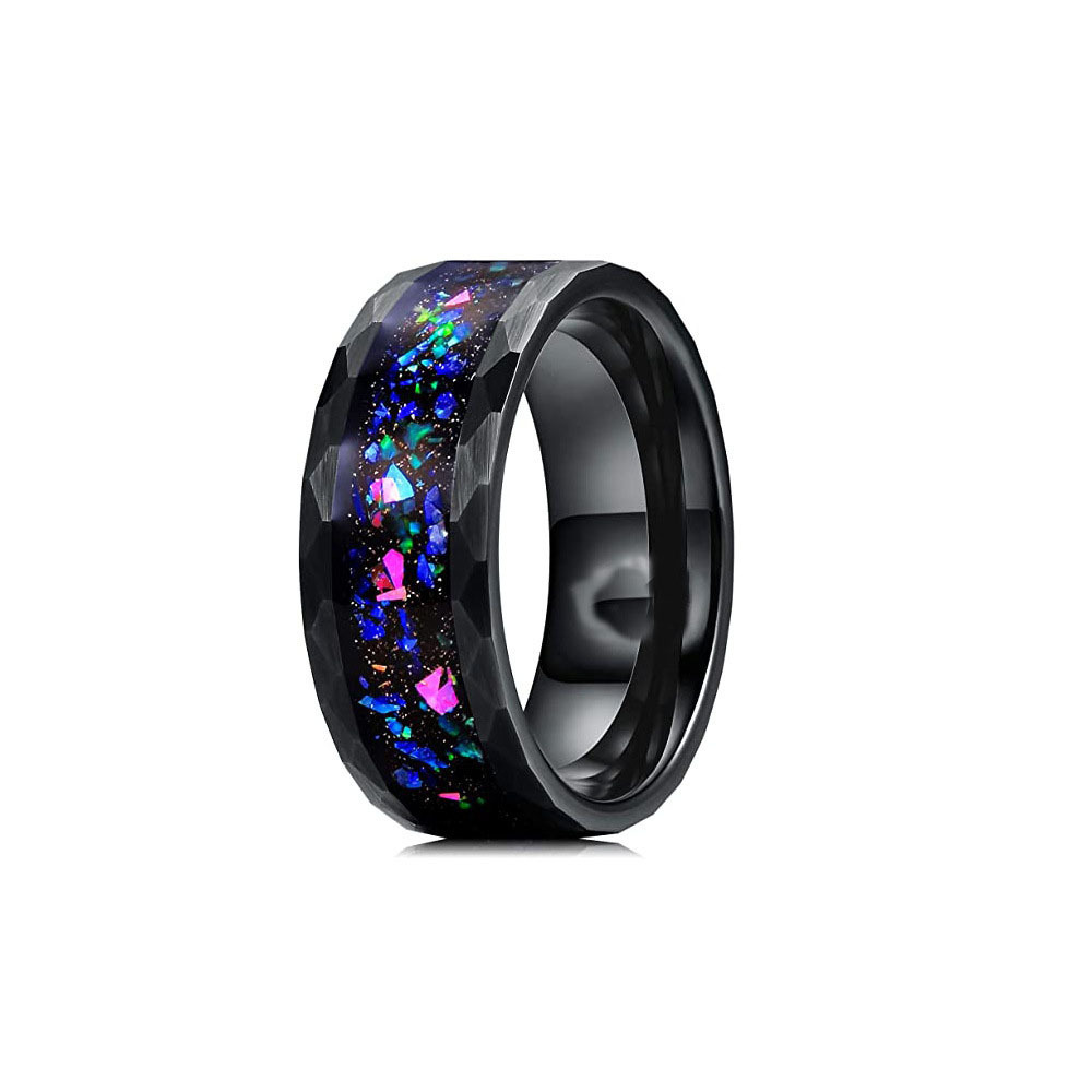 New Arrived 8mm 4mm Fire Opal Inlay Luxury Wedding Band Engagement Rings Hammered Black Tungsten Ring For Men And Women