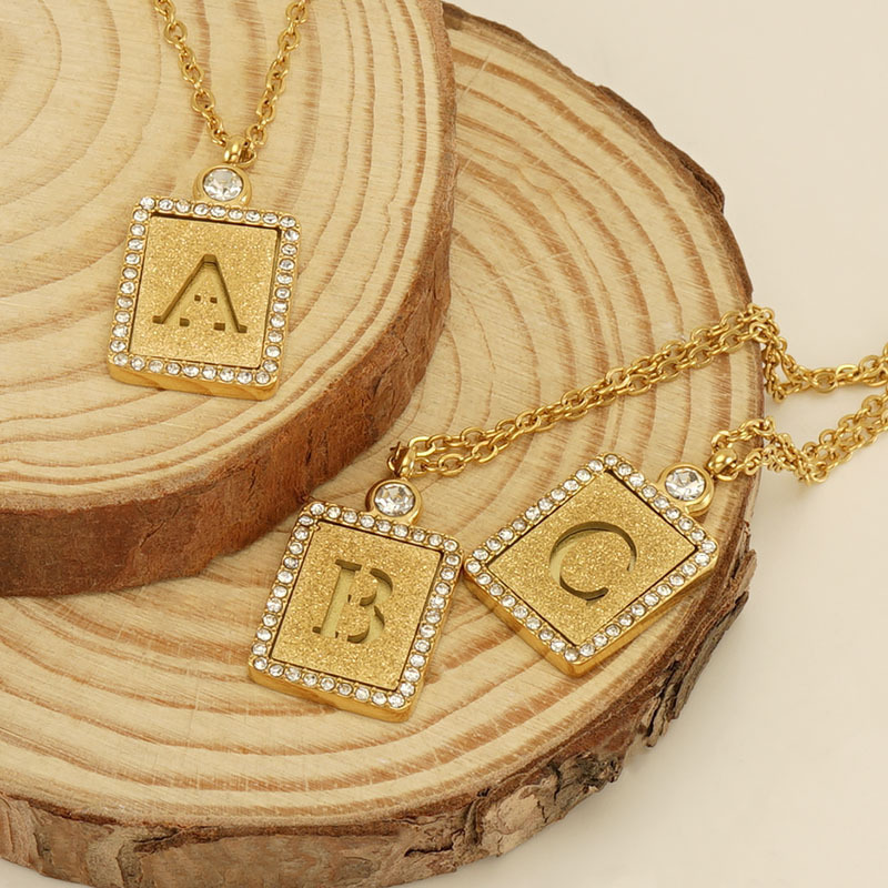 Inital A-Z 26 Alphabet Letters Necklace 18K Gold Stainless Steel Zircon Square Pendant Letter Necklace For Men