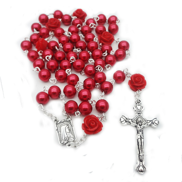 Virgin Mary Rosary Cross Religious Christian Jewelry 6mm Rose Pearl Beads Catholic Necklace