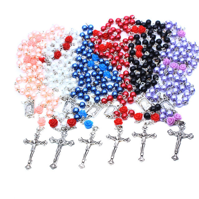 Virgin Mary Rosary Cross Religious Christian Jewelry 6mm Rose Pearl Beads Catholic Necklace