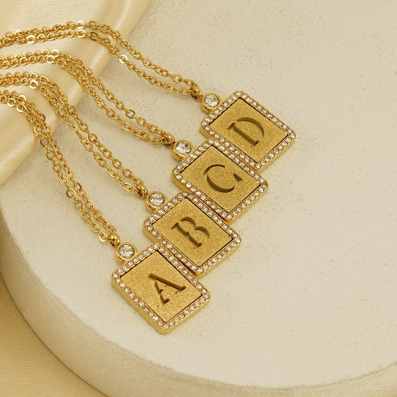 Inital A-Z 26 Alphabet Letters Necklace 18K Gold Stainless Steel Zircon Square Pendant Letter Necklace For Men