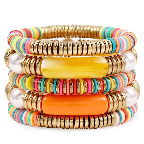 Hot Selling Summer Bohemian Colorful Soft Ceramic Acrylic Bracelet Set Multi Layer Polymer Clay Bead Stretch Bracelets