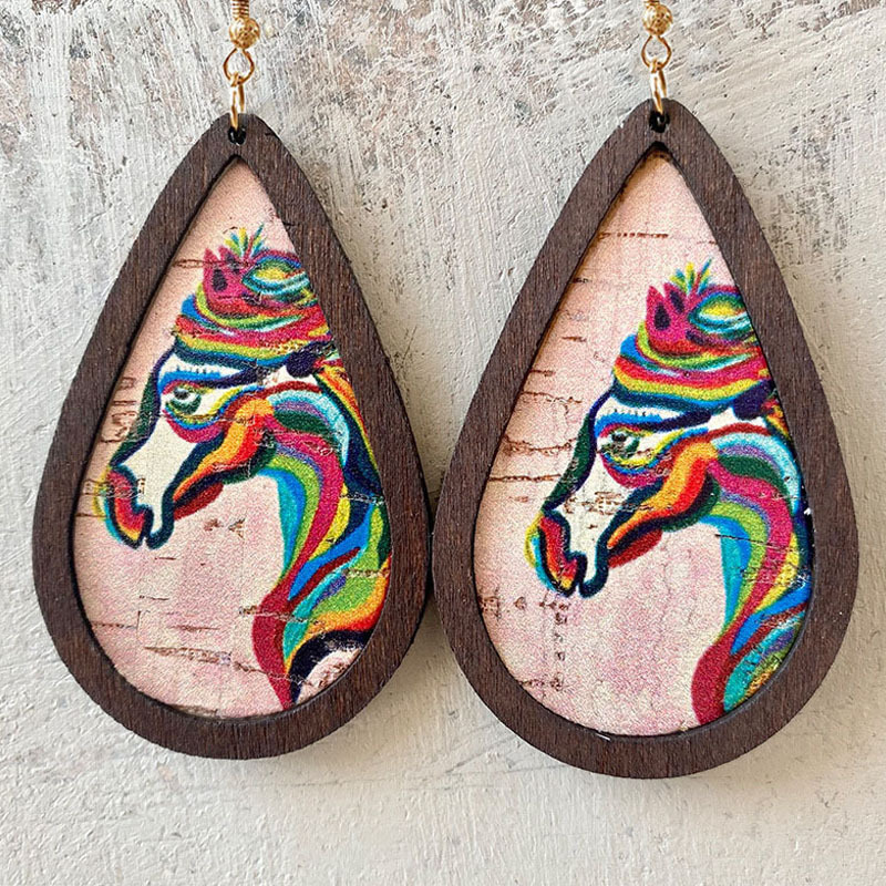 Wholesale Retro Western Cowboy Cork Texture Crack Cactus Wood Frame Waterdrop Hoop Earrings