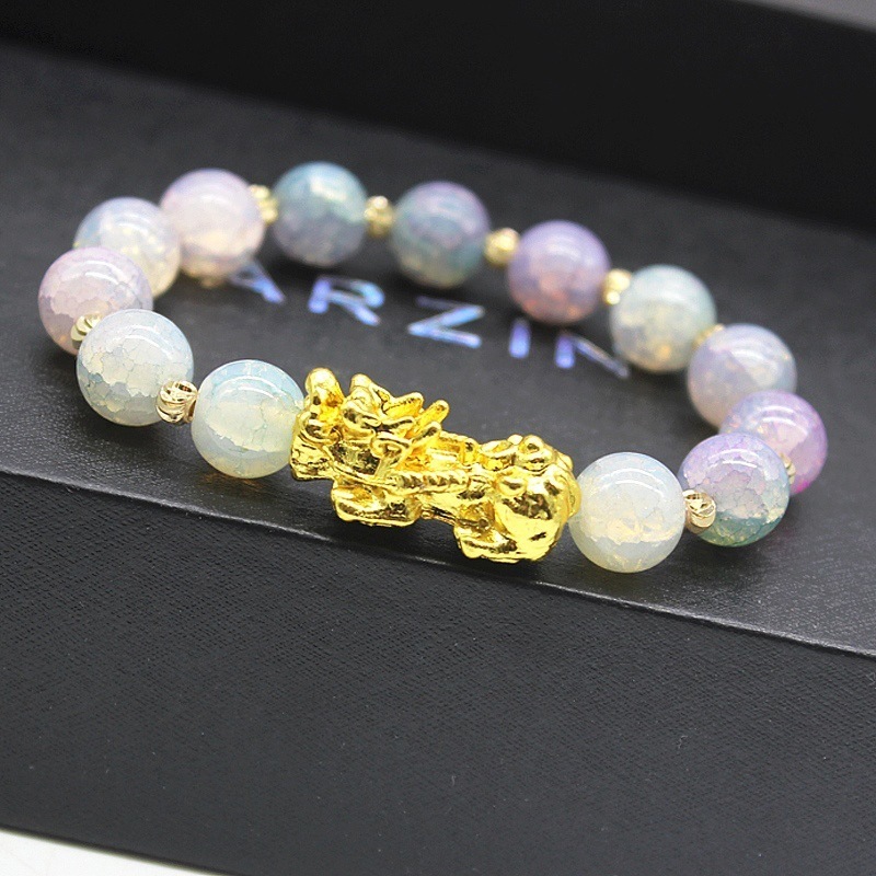 Natural Stone Agate Cyan Jade Women Men Real Gold Plated Black Buddha Bead Bracelet Pixiu Wealth Bracelet