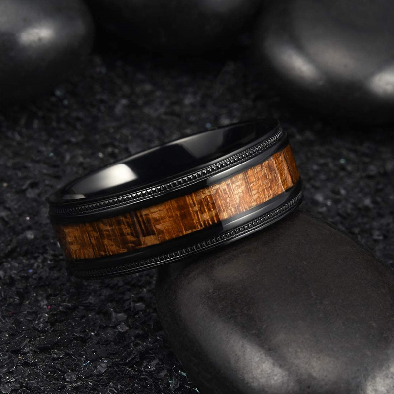 Wholesale High Quality 8mm Black Tungsten Rings Fashion Wood Grain Stainless Steel Ring For Men Women Engagement Wedding Ring