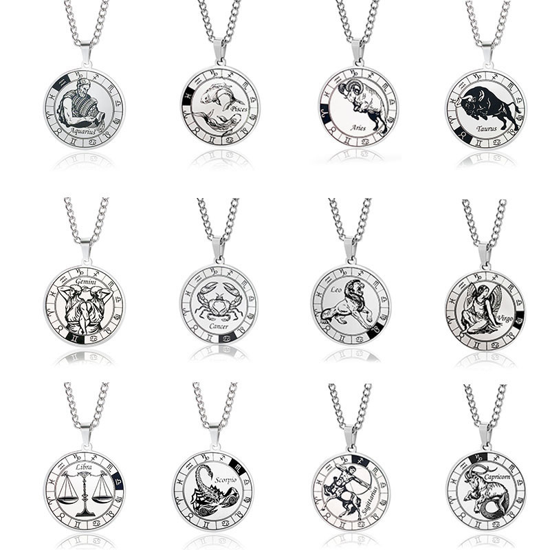 Collares Para Hombre 12 Zodiac Sign Stainless Steel Round Turntable Pendant Necklace Design Jewelry For Men