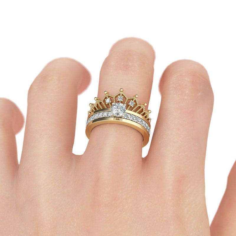 Latest Arrival Gold Crown Engagement Stackable Combination Female Finger Rings Two Wear Shiny Zircon Rings For Women