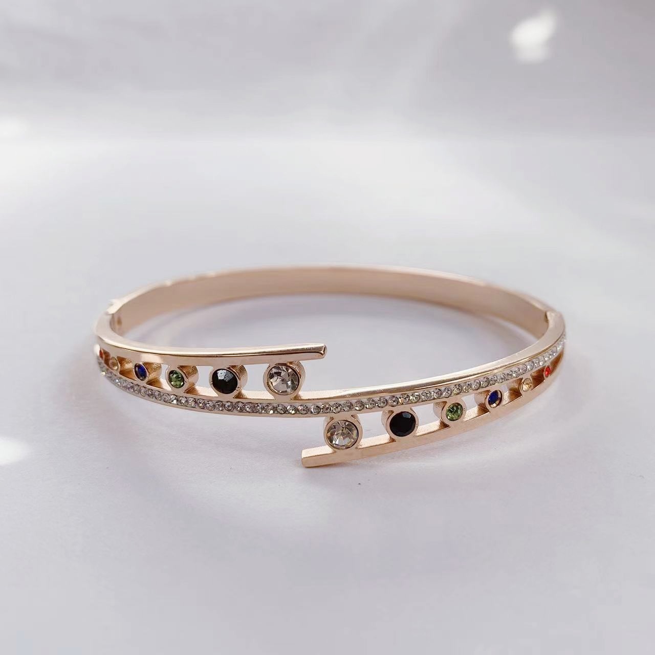 Personalized Colourful Moissanite Zircon Rose Gold Plating Stainless Steel Cuff Bangle Bracelet Blanks