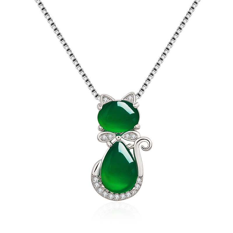 Collares Para Mujer Woman Platinum Plated White Diamond  Green Chalcedony Pendant Green Agate Stone Jade Cat Pendant Necklace