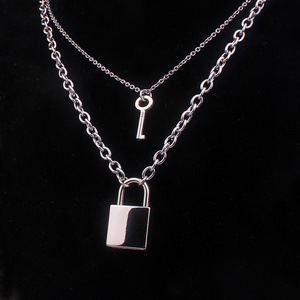 Statement HipHop Stainless Steel Double Layer Chain Link PadLock Necklace Fashion Rock Designer  Lock And Key Necklace