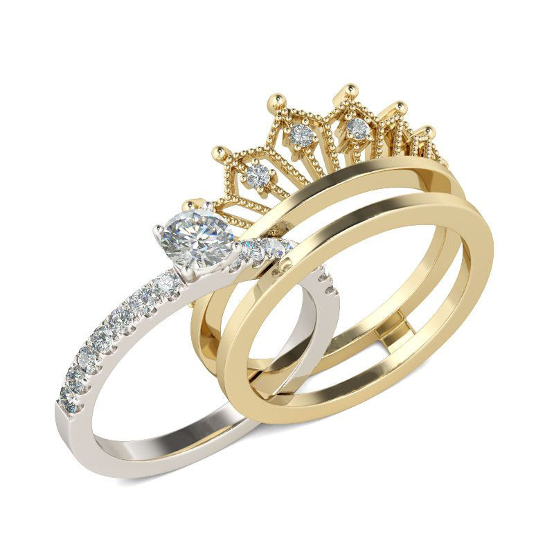 Latest Arrival Gold Crown Engagement Stackable Combination Female Finger Rings Two Wear Shiny Zircon Rings For Women