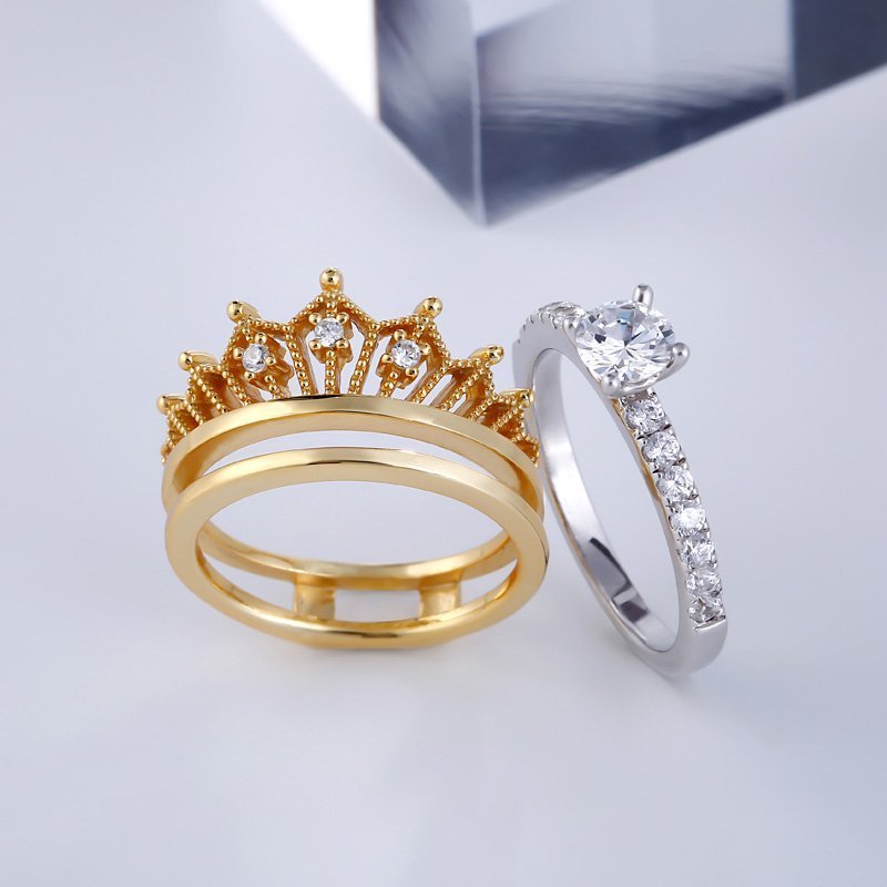 Latest Arrival Gold Crown Engagement Stackable Combination Female Finger Rings Two Wear Shiny Zircon Rings For Women