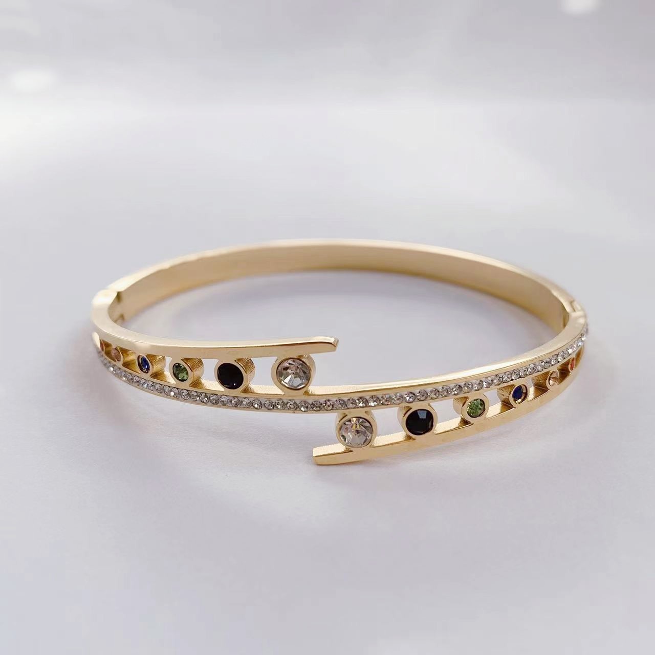 Personalized Colourful Moissanite Zircon Rose Gold Plating Stainless Steel Cuff Bangle Bracelet Blanks