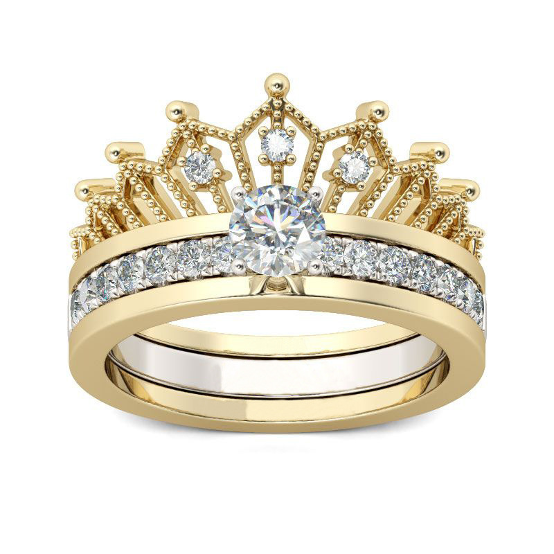 Latest Arrival Gold Crown Engagement Stackable Combination Female Finger Rings Two Wear Shiny Zircon Rings For Women