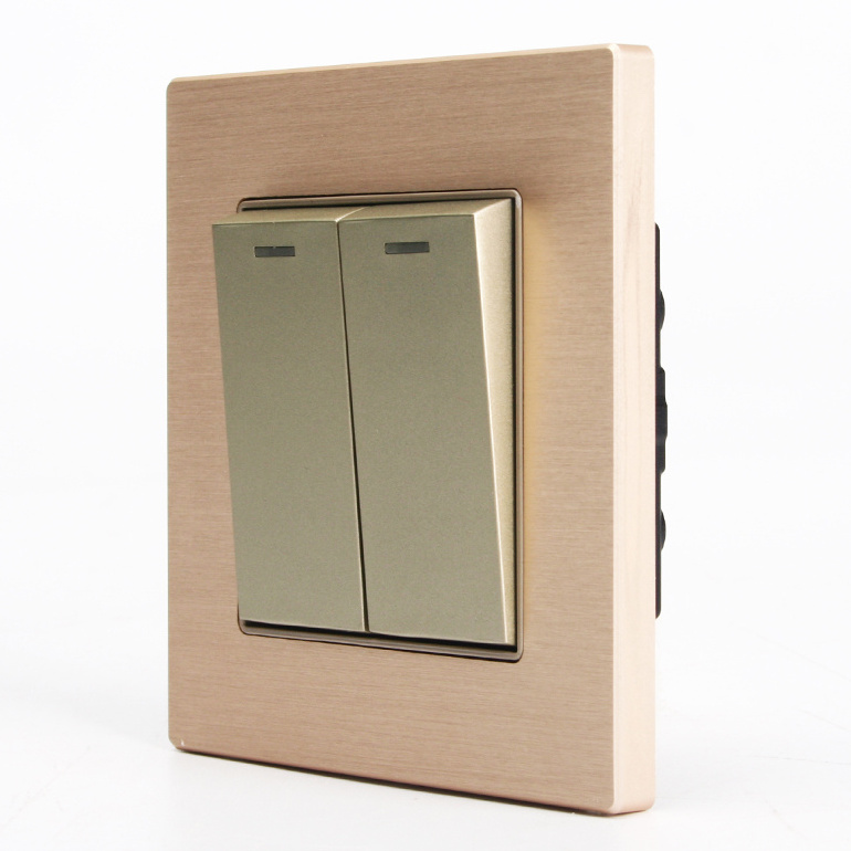 Brushed Champagne Gold Smart Hotel Use Aluminum Panel for Rock Type 2 Gang 3 Way Control Switch