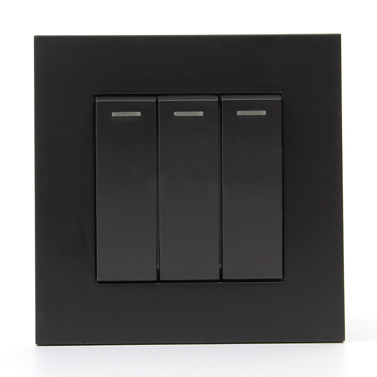 Black Color High Quality PC Smart Hotel 3 Gang 2 Way Rocker Control Switch with Fluorescent Light