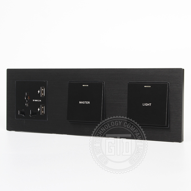 Black smart hotel home use brushed aluminum CNC Panel with 3 Modular connected push button wall switch