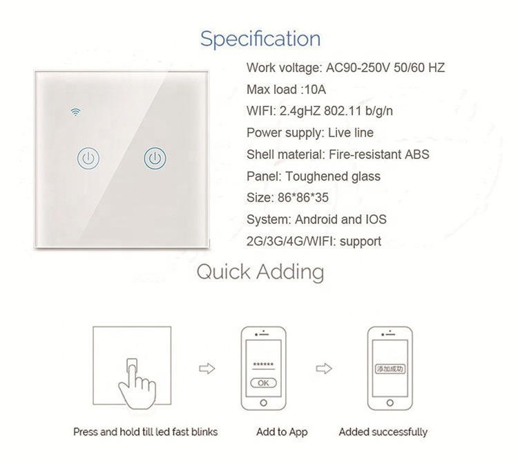 G-Tech plus WIFI Touch Screen Light Wall Switch smart home device Sensor 1 Way Touch Light Switch