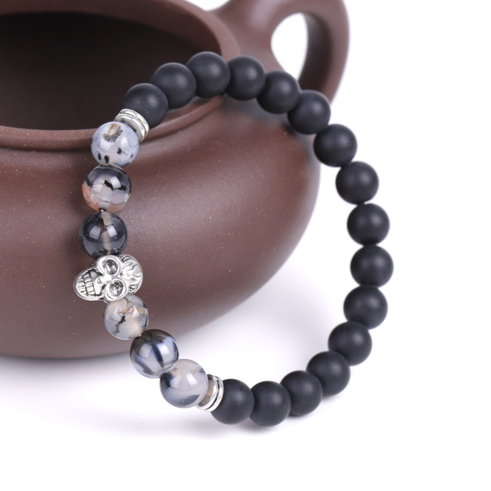 Fashion 8mm Matte Black Onyx Gemstone Bead Crystal Agate Skull Beads Bracelet