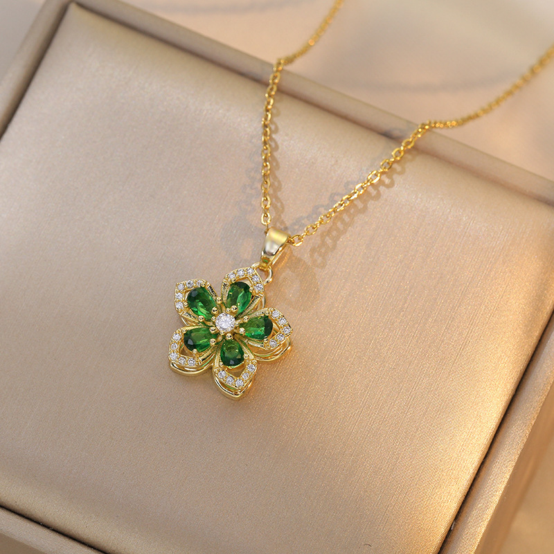 Hot-Sale Spinning Flower Necklace Stainless Steel Chain Jewelry Colorful Cubic Zircon  Rotatable Flower Pendant Necklace