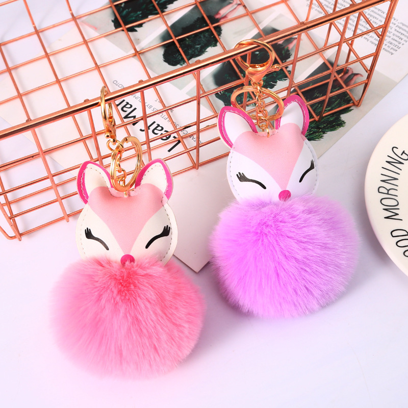 Cute Cartoon Fur Ball Key Chain Creative Cute Plush Fox Head Keychain Pom Pom Keychain