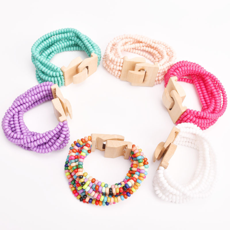 New Design Acrylic Beads Charm Bracelets Fashion Jewelry Mix Color WoodenButton  Adjustable Bracelet Cuff Bangle Wholesale