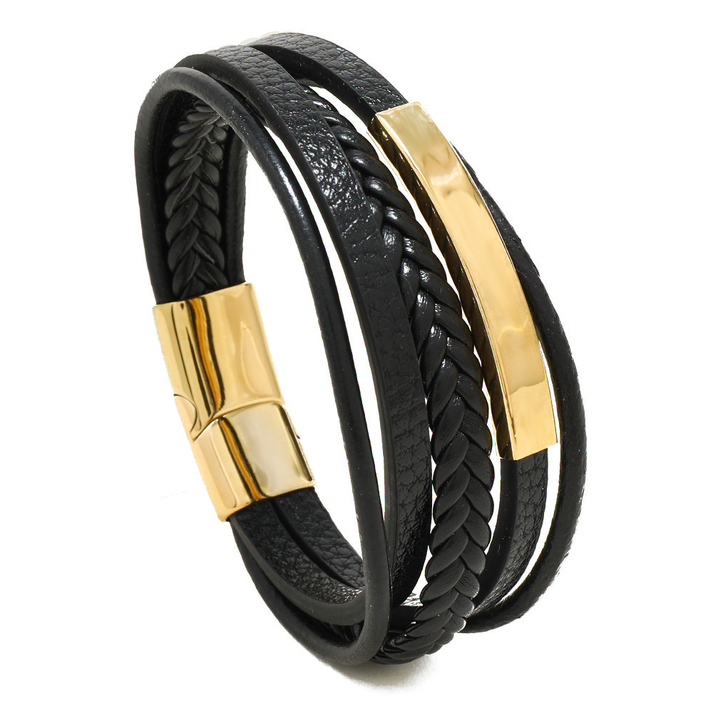 2022 New Style Hand-woven Multi-layer Gold/Silver Accessory Stainless Steel Men's Leather Bracelet Fashion Man Jewelry Wholesale