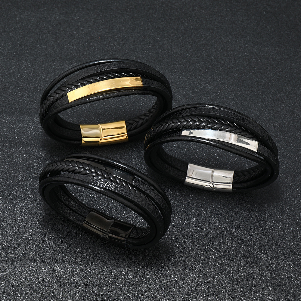 2022 New Style Hand-woven Multi-layer Gold/Silver Accessory Stainless Steel Men's Leather Bracelet Fashion Man Jewelry Wholesale