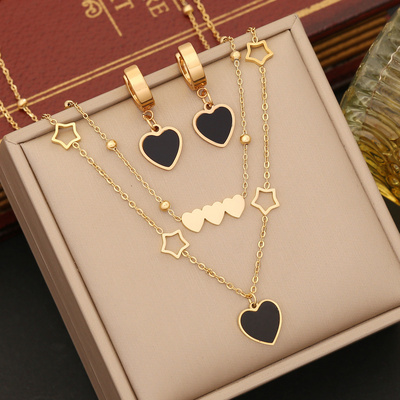 Multilayer Stainless Steel Heart Pendant Necklace Bracelet Set Gold Hoop Earring Statement Jewelry Set For Women