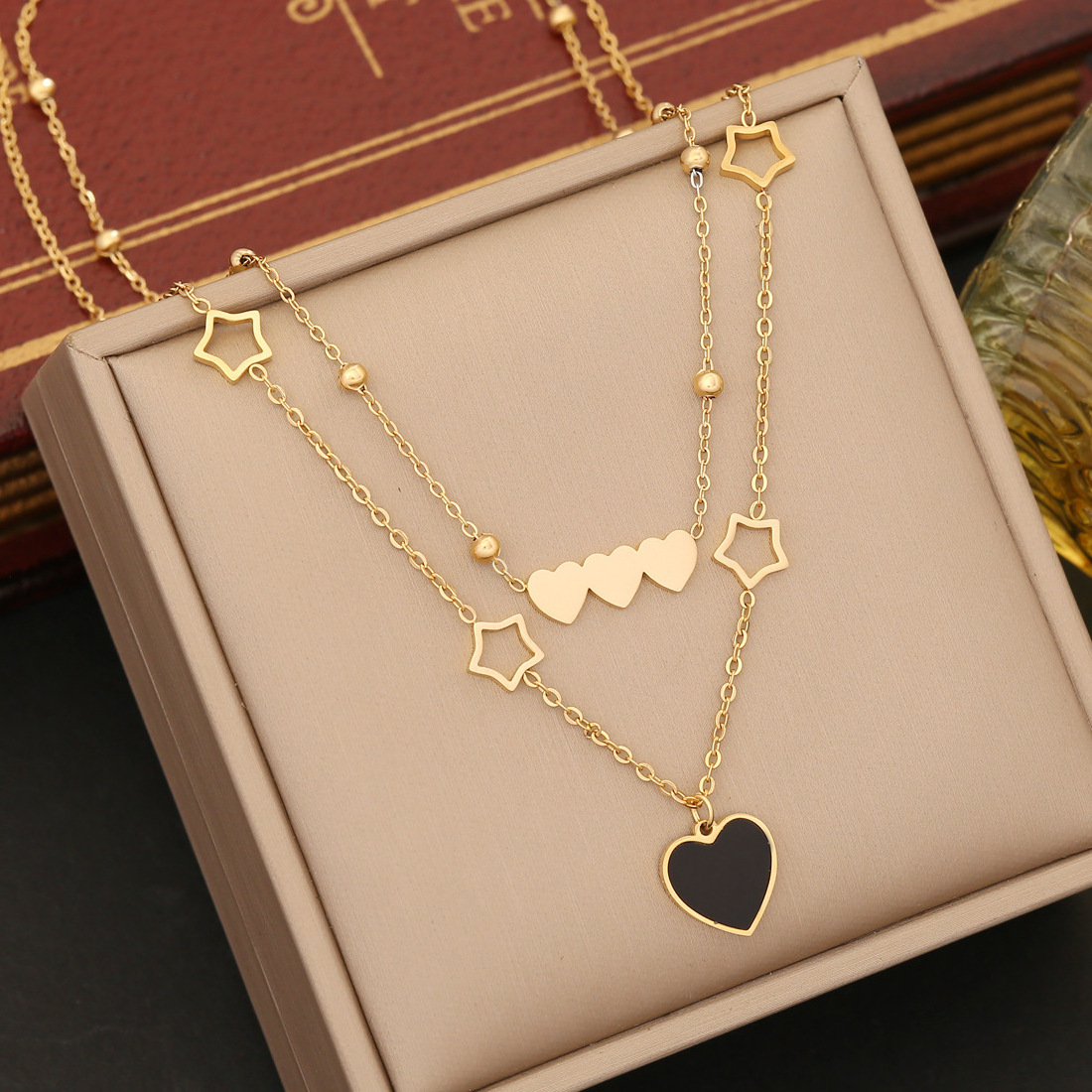 Multilayer Stainless Steel Heart Pendant Necklace Bracelet Set Gold Hoop Earring Statement Jewelry Set For Women