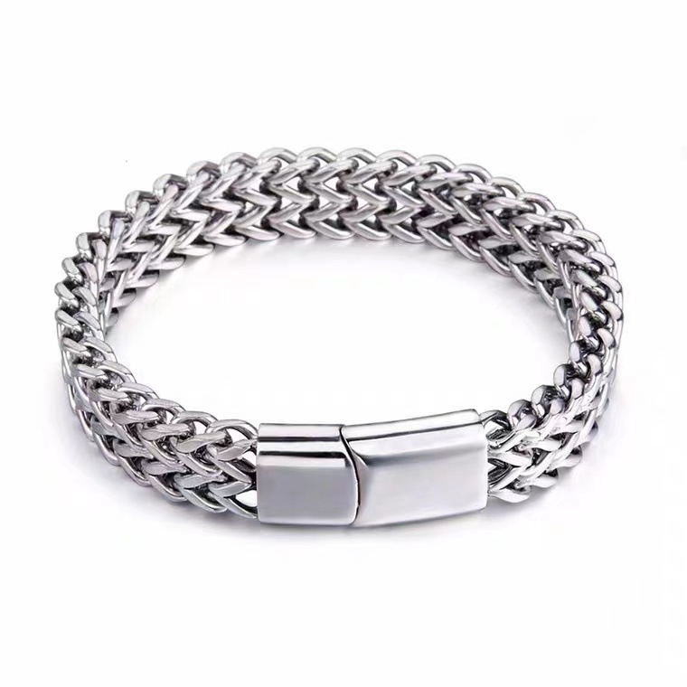 Wholesale Punk Chunky Silver Titanium Steel Bracelet Double Row Tennis Men Stainless Steel Bracelet Magnet Clasp