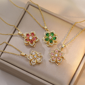 Hot-Sale Spinning Flower Necklace Stainless Steel Chain Jewelry Colorful Cubic Zircon  Rotatable Flower Pendant Necklace