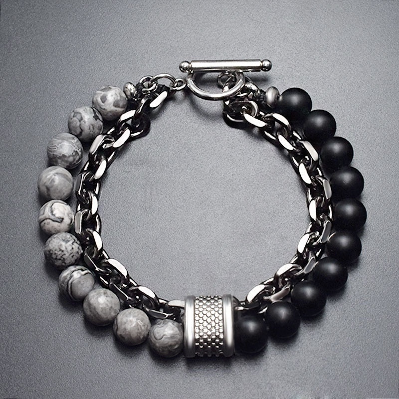 G.T 2022 Men Fashion Cool Gun Black Link Chain Yoga Bead Bracelet Natural Frosted Beads Map Stone Bracelet Natural