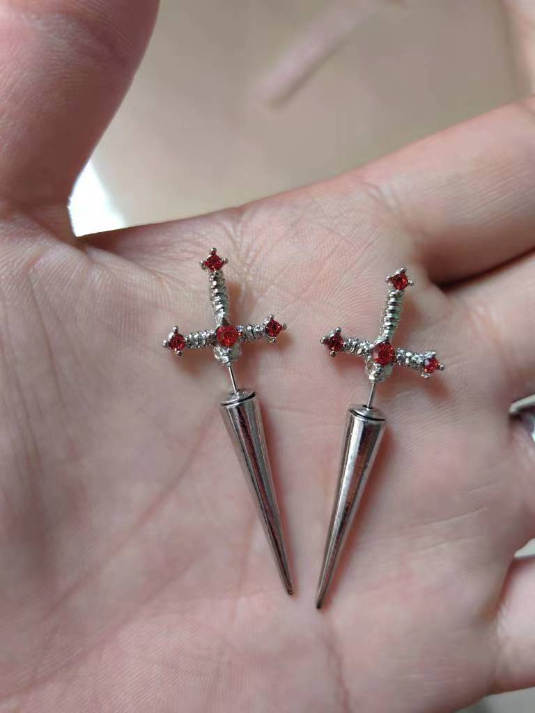 2023 Fashion Jewelry Earrings Vintage Gothic Dagger Kinitial Earring Red Zircon Sword Stud Earring  For Girls