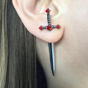 2023 Fashion Jewelry Earrings Vintage Gothic Dagger Kinitial Earring Red Zircon Sword Stud Earring  For Girls