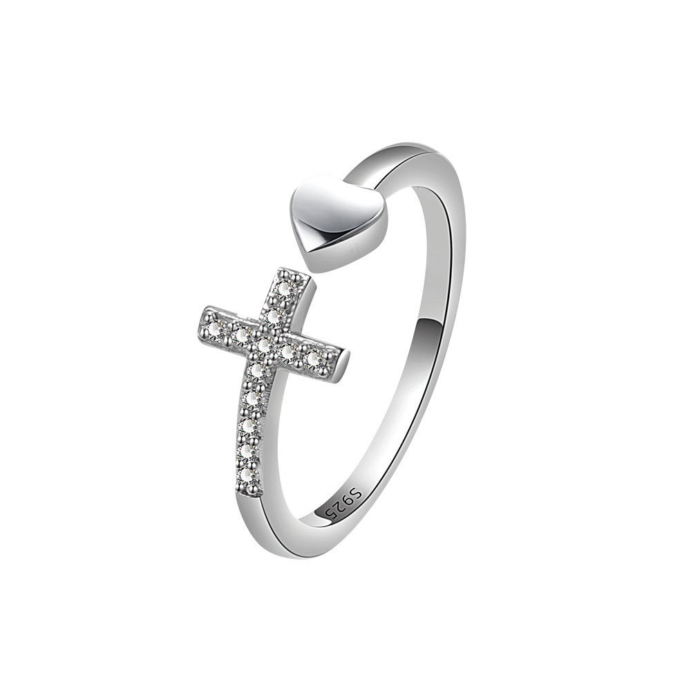 Wholesale Custom S925 Sterling Silver Open Rings Adjustable Women Rings Jewelry Crystal Rhinestone Cross Rings Jewelry