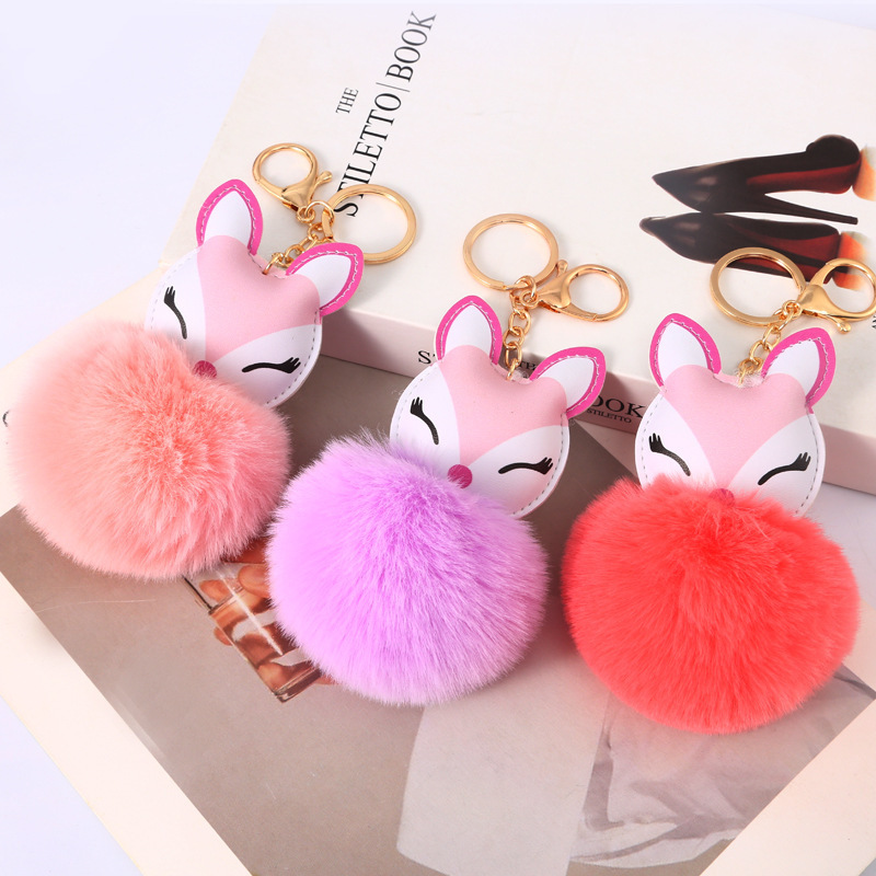 Cute Cartoon Fur Ball Key Chain Creative Cute Plush Fox Head Keychain Pom Pom Keychain