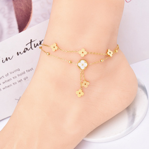 Tarnish Free 2023 Trendy Anklets Foot Jewelry 18k Gold Plated Stainless Steel Double Layer Chain Flower Pearl Anklets For Women