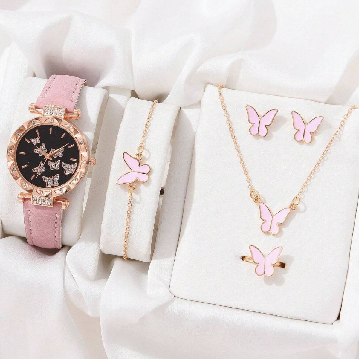 5pcs/box Luxury Watches reloj mujer Women Fashion Necklace Bracelet Earring Ring Butterfly Watches For Women Watch Gift Set