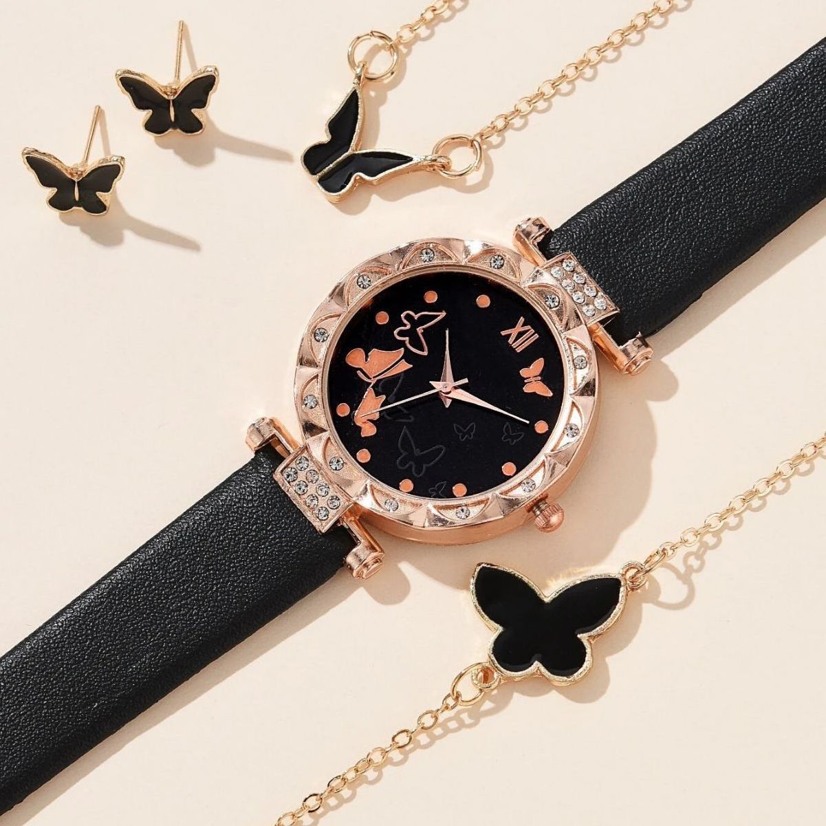 5pcs/box Luxury Watches reloj mujer Women Fashion Necklace Bracelet Earring Ring Butterfly Watches For Women Watch Gift Set