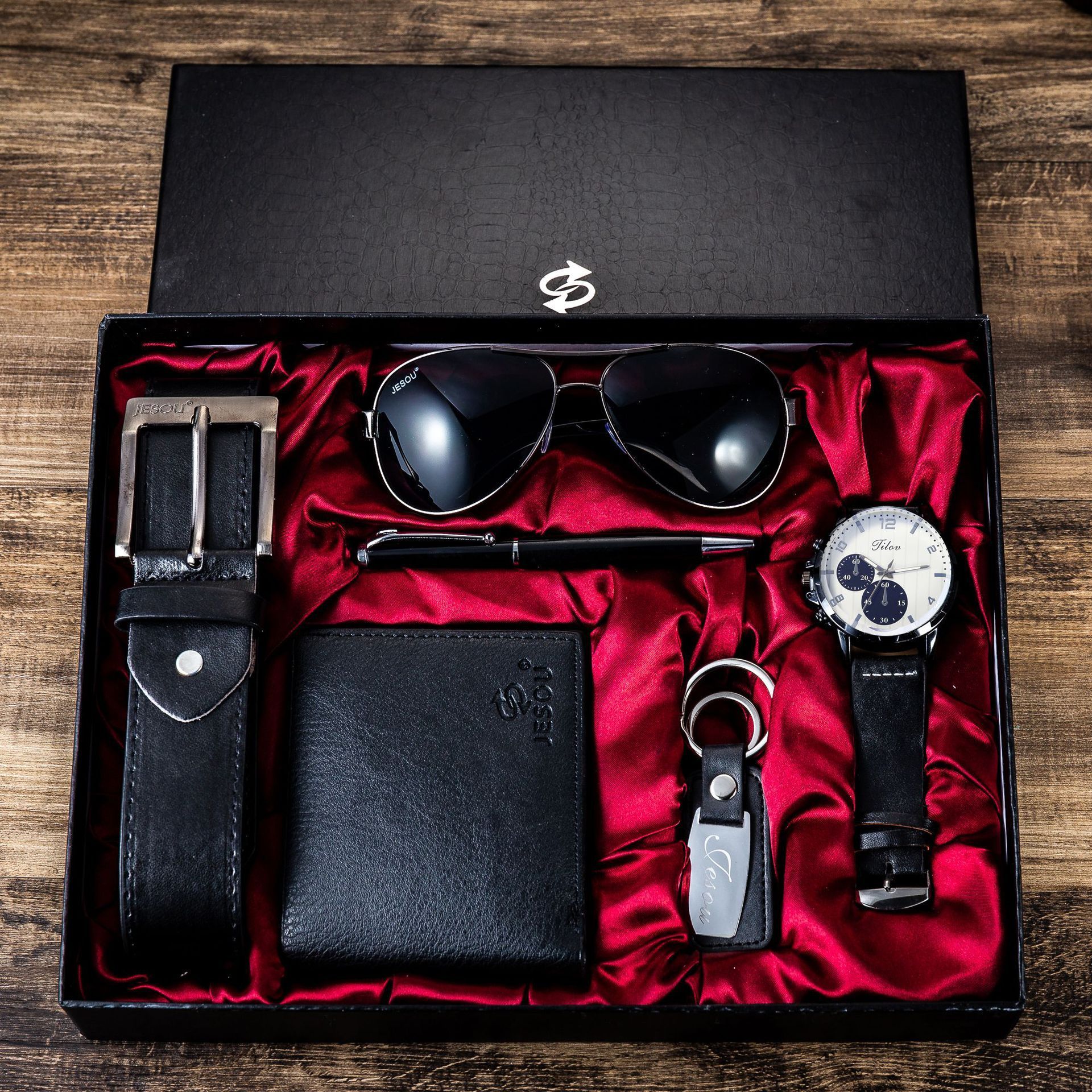 In Stock! 6pcs/bos Luxury Watches Men Fashion Sunglasses Wallet Belt Quartz Watches For Men Watch Gift Set