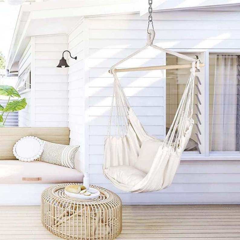 New product Swing Wooden Stick Recycled Cotton Hanging Chair 2 Pillows Hanging Rope Hammock Chair