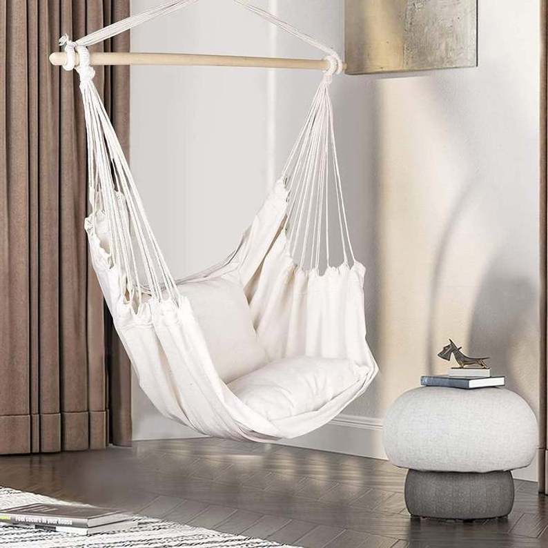 New product Swing Wooden Stick Recycled Cotton Hanging Chair 2 Pillows Hanging Rope Hammock Chair