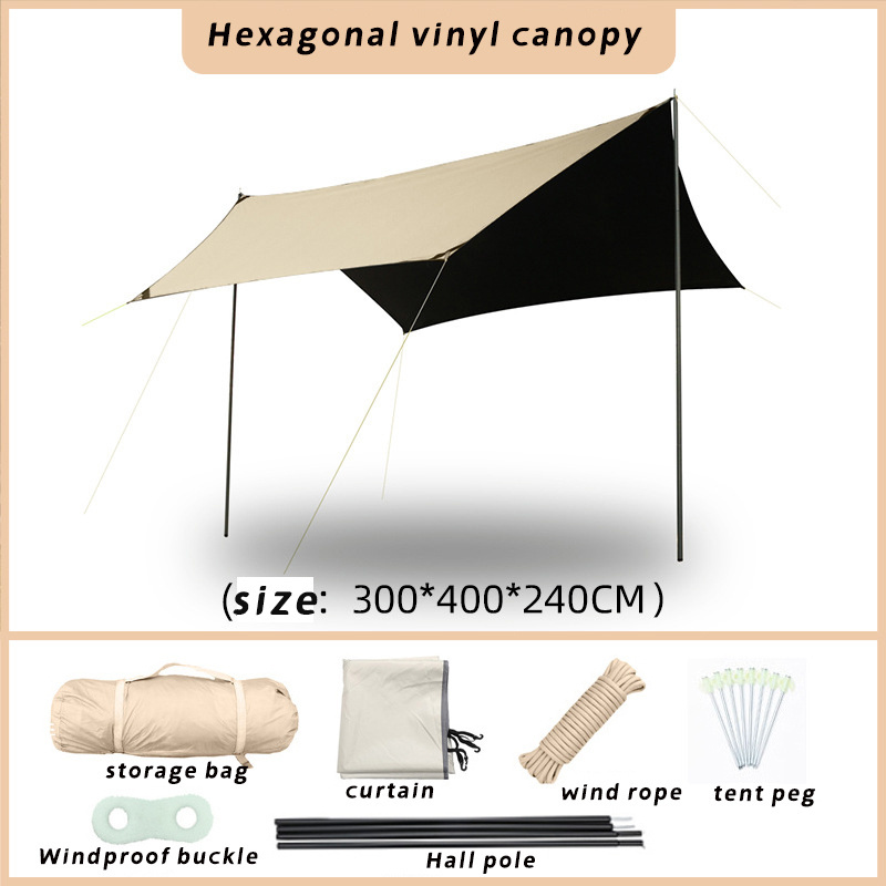 Canopy outdoor camping hexagonal silver glue black rubber sunscreen rain protection tent curtain windproof