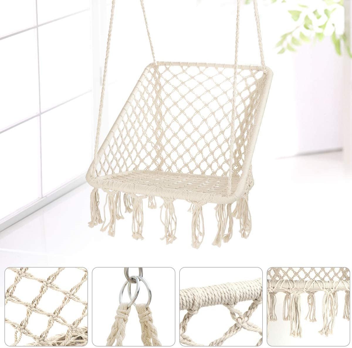 Square Hammock Swing Chair Knitted Mesh Cotton Rope Macrame Hanging Chair for Indoor Bedroom Living Room Garden Patio Deck Yard